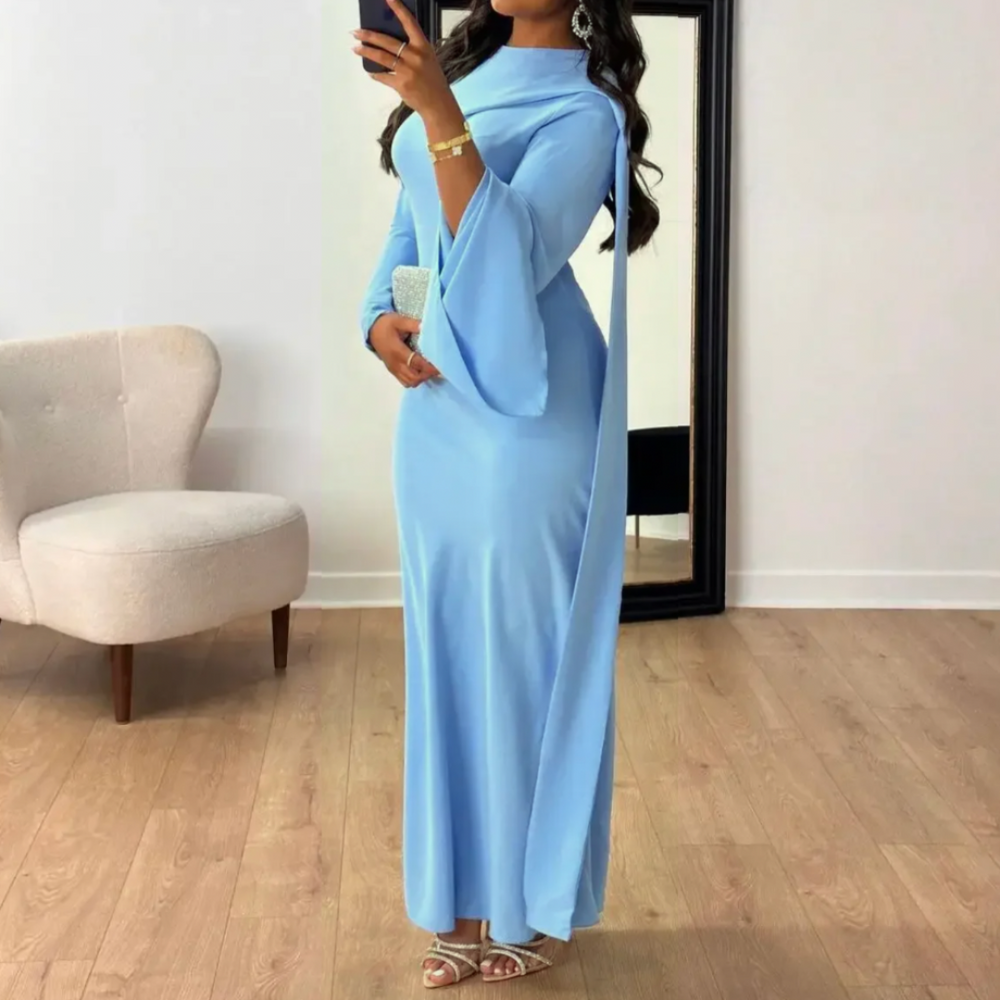 Levoire | Robe D'Invité De Mariage À Manches Longues Drapées - Maxi Bleu