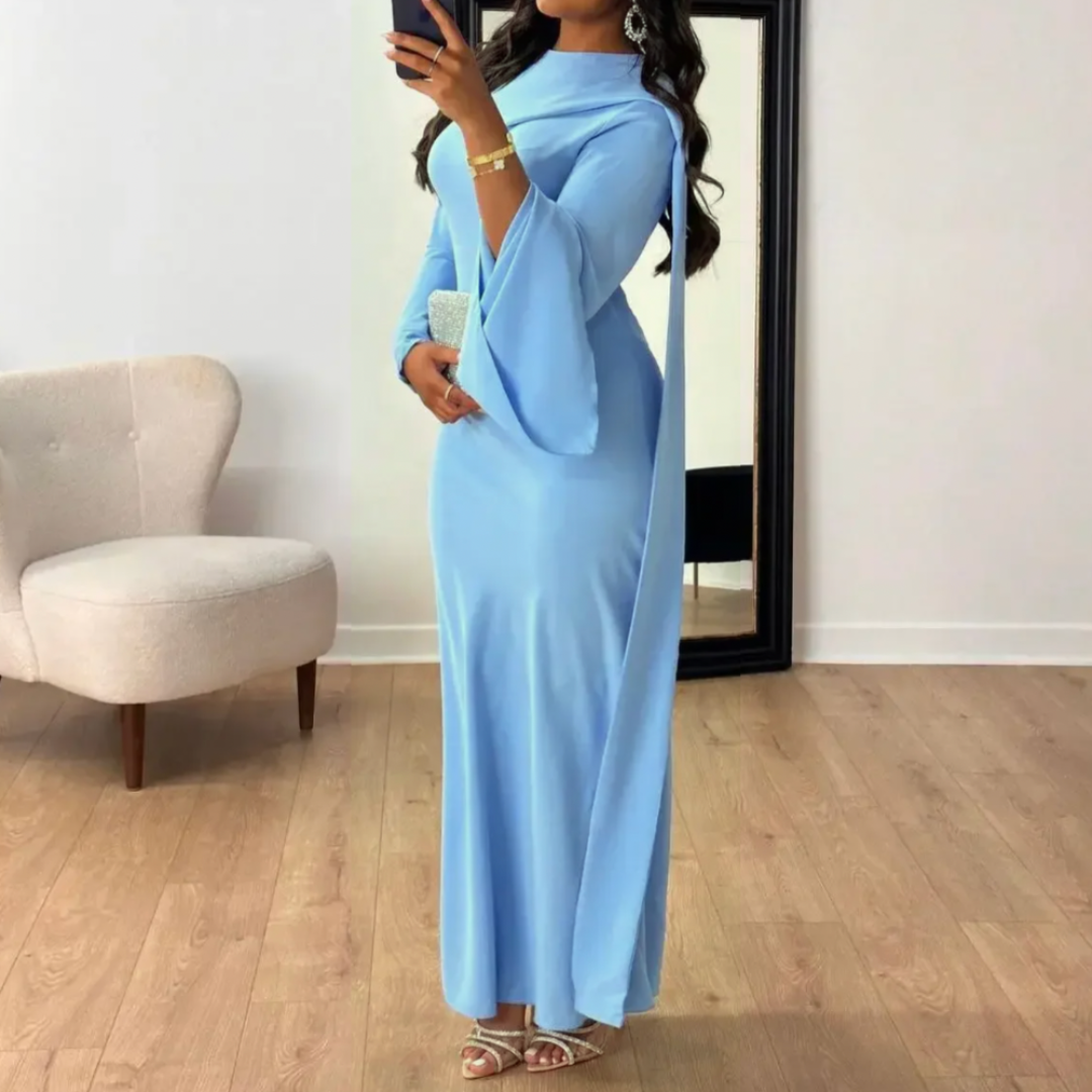 Levoire | Robe D'Invité De Mariage À Manches Longues Drapées - Maxi Bleu