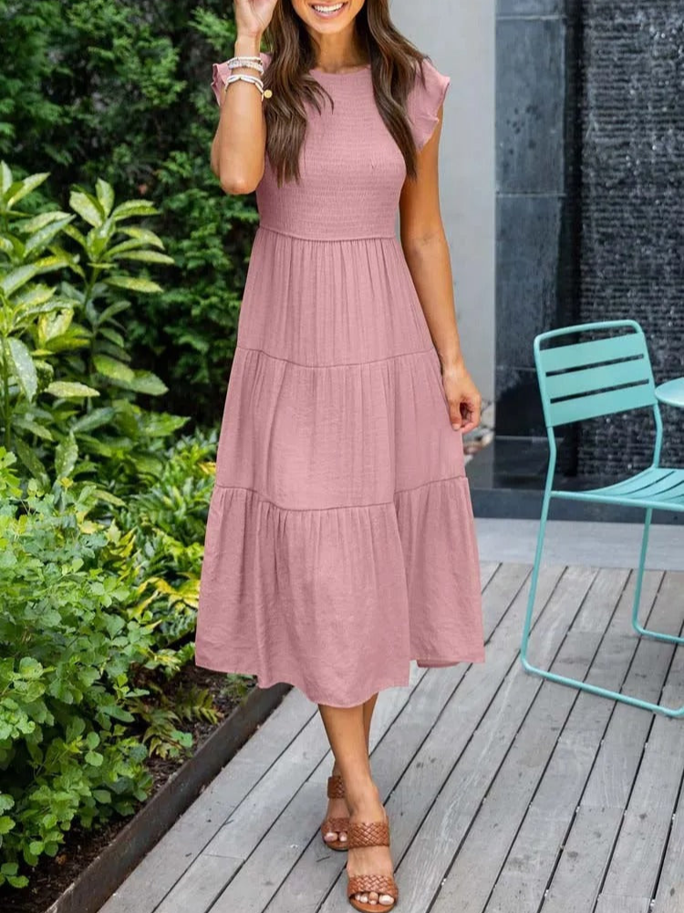 Levoire | Robe midi d'été pour femmes Robe élégante pour femmes avec manches courtes Rosa