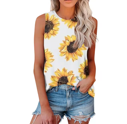 Levoire | T-Shirt Sans Manches Avec Motif De Tournesols Blanc