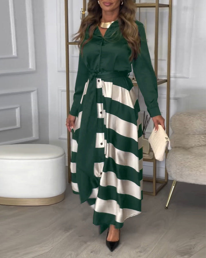 Levoire | Robe Élégante À Rayures Imprimées Avec Revers Et Ceinture