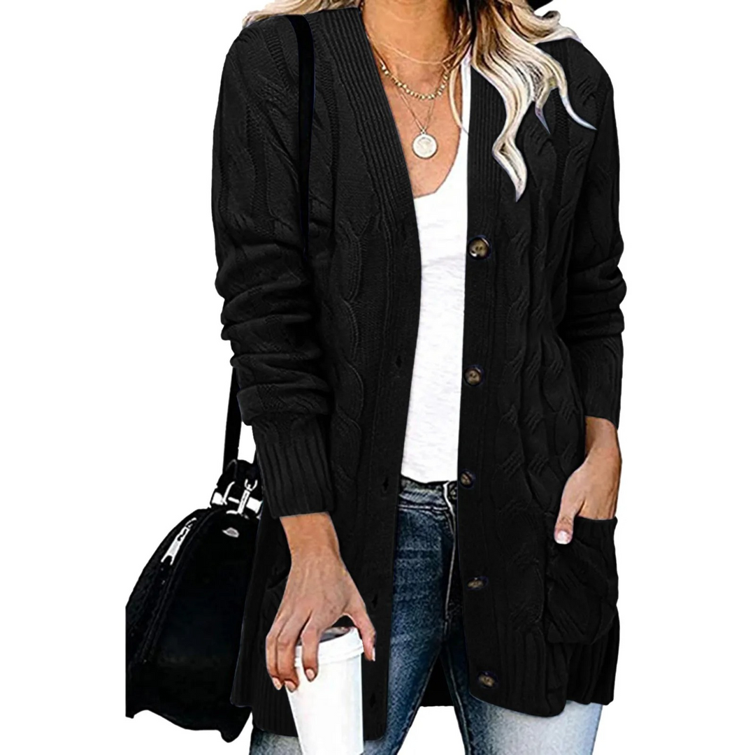 Levoire | Gilet femme avec motif torsadé, boutonnage et coupe longue Noir