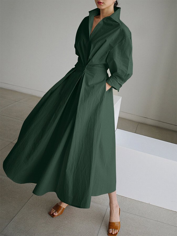 Levoire | Robe Maxi Femme Poche Unie Revers Boutons Manches Longues Armée Verte