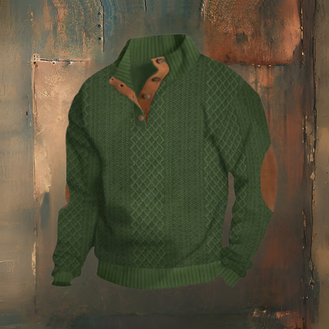 Levoire | Décontracté Jacquard Loose Demi Bouton Col Montant Pull Vert