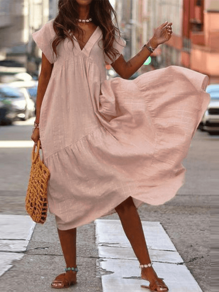Levoire | Robe décontractée ample à col en V 100% coton pour femmes Rosa
