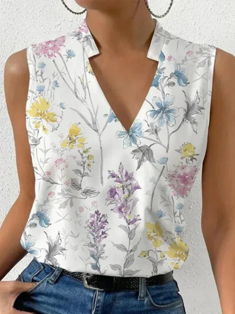 Levoire | Haut top sans manches élégant pour femmes d'été avec décolleté en V blouse décontractée pour femmes Blanc Jaune