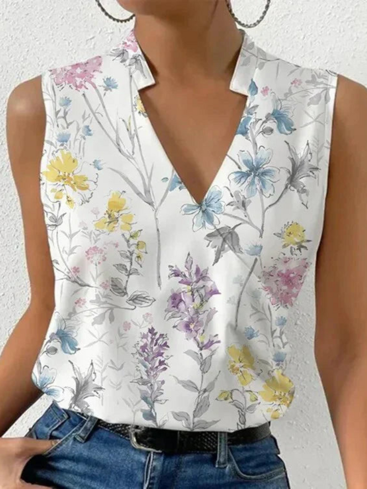 Levoire | Haut top sans manches élégant pour femmes d'été avec décolleté en V blouse décontractée pour femmes Blanc Jaune