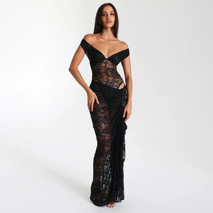 Levoire | Robe de soirée de luxe pour dames en dentelle fine avec décolleté épaules nues Noir