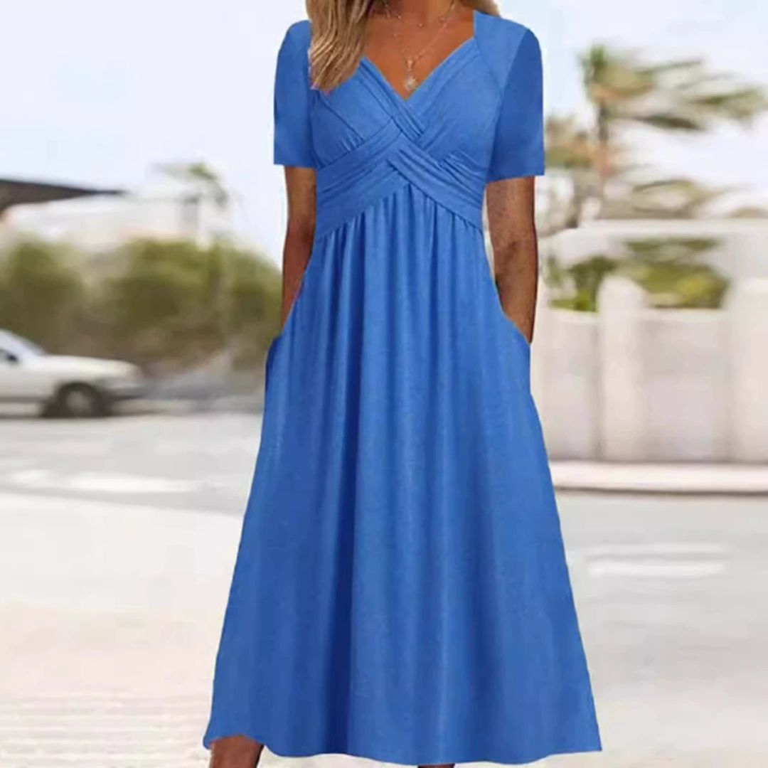 Levoire | Robe Élégante À Décolleté En V Avec Taille Empire Et Poches Pour Dames Bleu