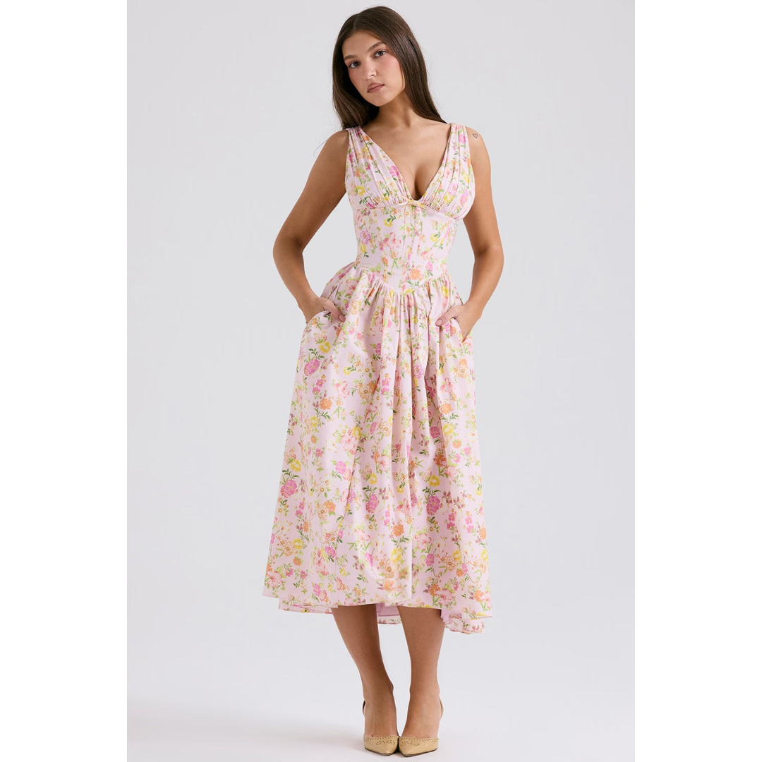 Levoire | Corset Levoire | Robe D'Invitée De Mariage D'Été - Maxi Floral Rose