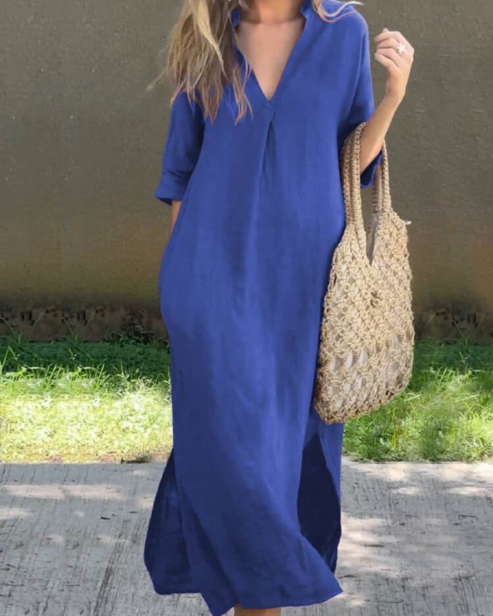 Levoire | Robe À Col En V Uni Avec Poches Bleu