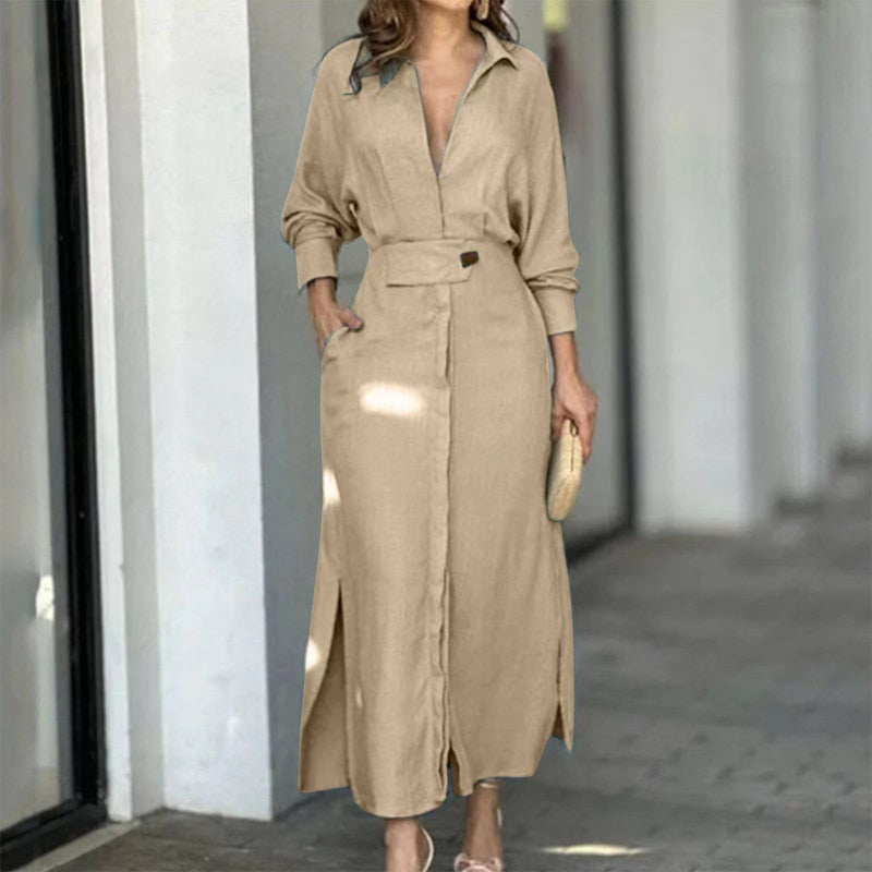 Levoire | Robe Chemise Longue Élégante Pour Femmes Beige