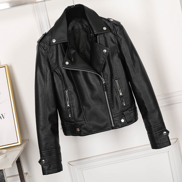 Levoire | Femme Slimfit Veste en Cuir Noire avec Revers et Fermeture Éclair pour Femmes Noir