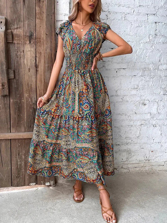 Levoire | Robe d'été longue colorée à motif cachemire froncé à la taille