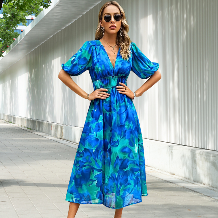 Levoire | Robe Intemporelle À Manches Bouffantes Midi Bleu