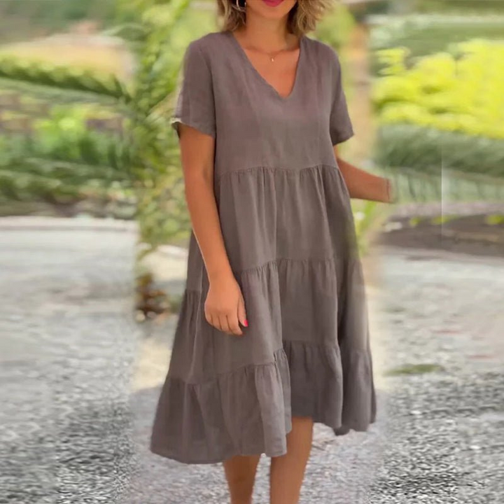 Levoire | Robe en lin unie à encolure en V pour femmes Robe d'été pour femmes Braun