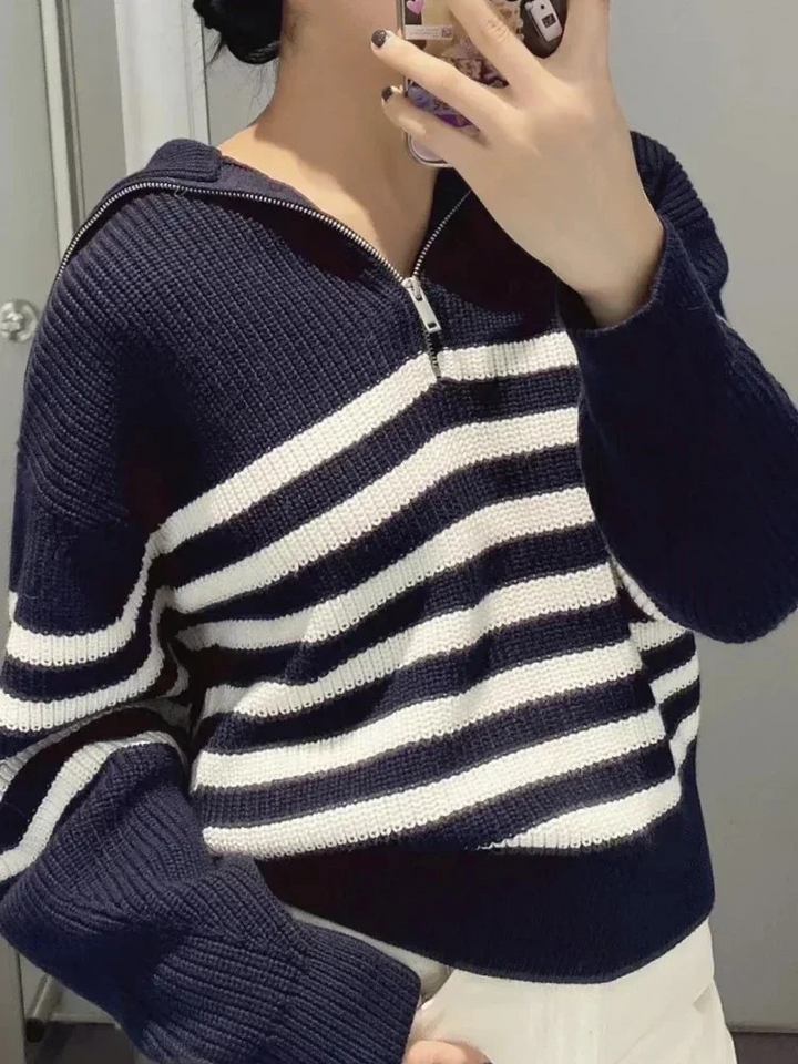Levoire | Pull à fermeture éclair pour femmes Pull rayé, Modèle confortable Bleu marine-Blanc