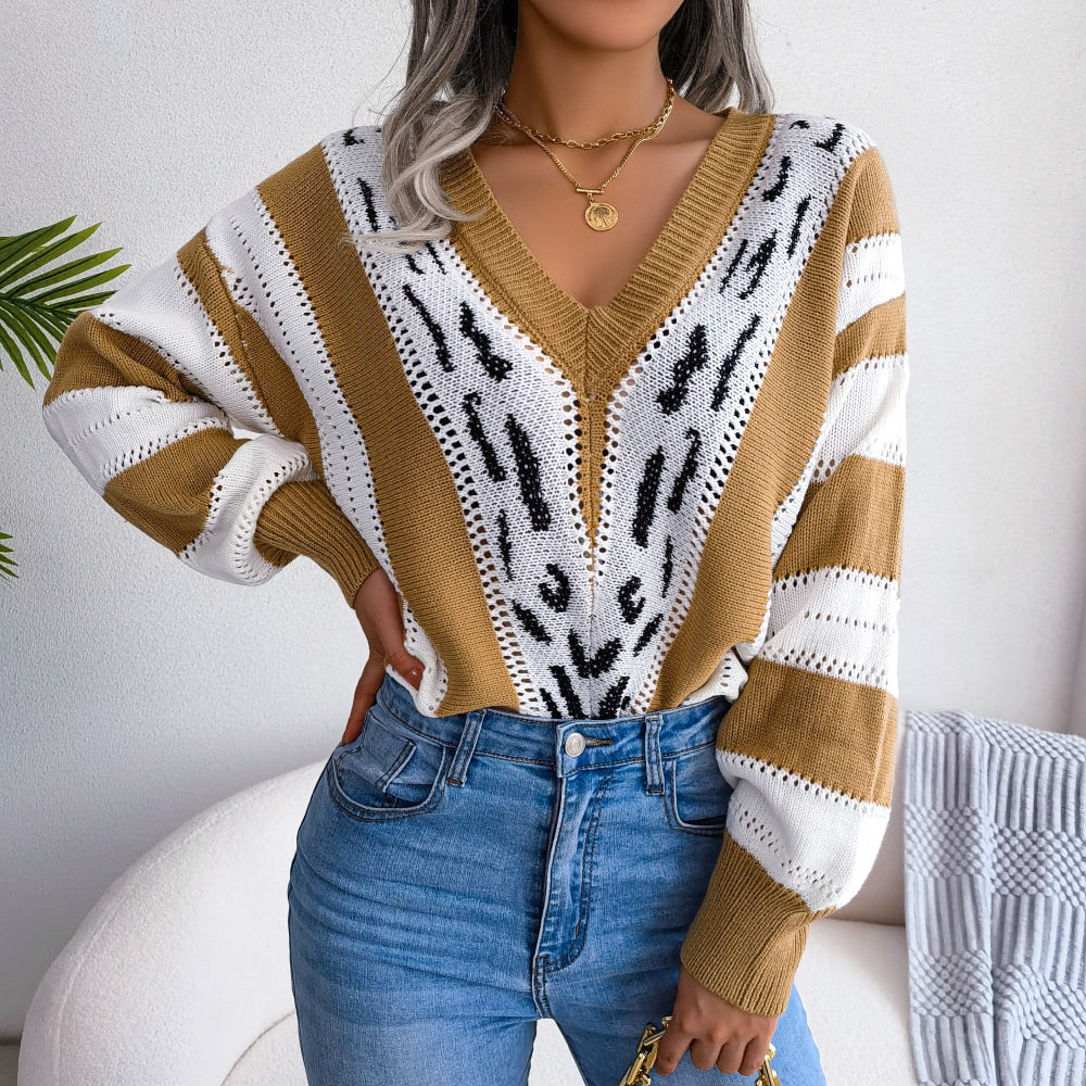 Levoire | Pull Élégant En Léopard Pour Femmes Avec Décolleté En V Khaki