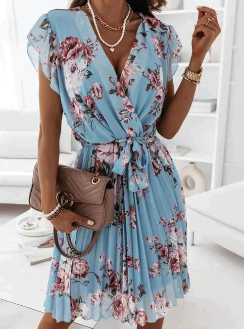 Levoire | Robe Avec Décolleté À Volants, Manches Et Motif Floral Bleu