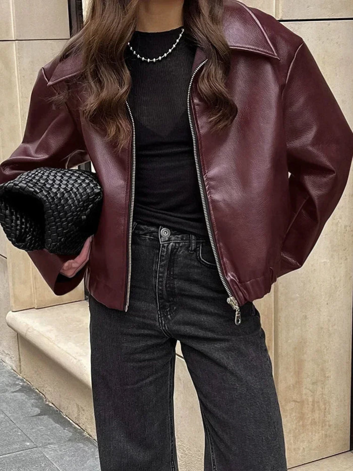 Levoire | Femme Veste en cuir rouge Veste en cuir vintage avec fermeture éclair pour femmes Bordeaux Rouge