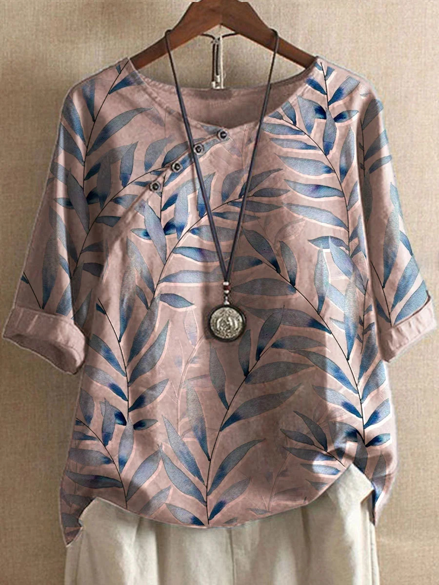 Levoire | T-shirts décontractés en coton et lin, imprimés de fleurs d'été et boutonnés Rosa
