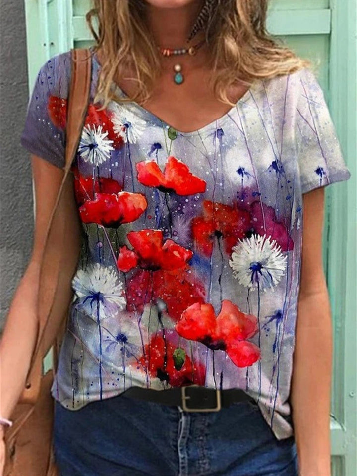 Levoire | T-shirt col V peinture d'art floral Violet