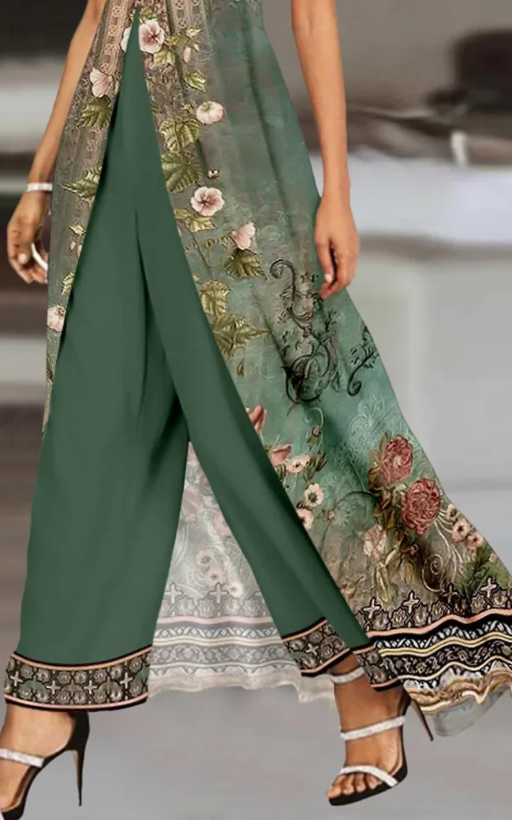 Levoire | Vert Élégance Bohème Pantalons Unique Touche Florale