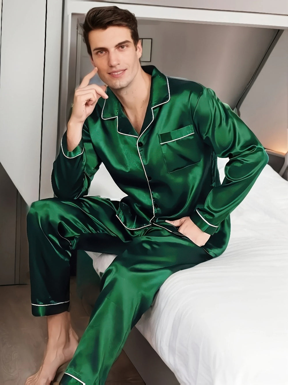 Levoire | Ensemble de pyjama pour hommes en satin de soie Pyjama confortable pour hommes Vert