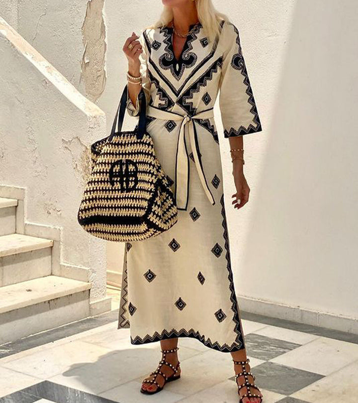 Levoire | Robe Longue Femme Classique Col En V Et Manches Demi - Midi