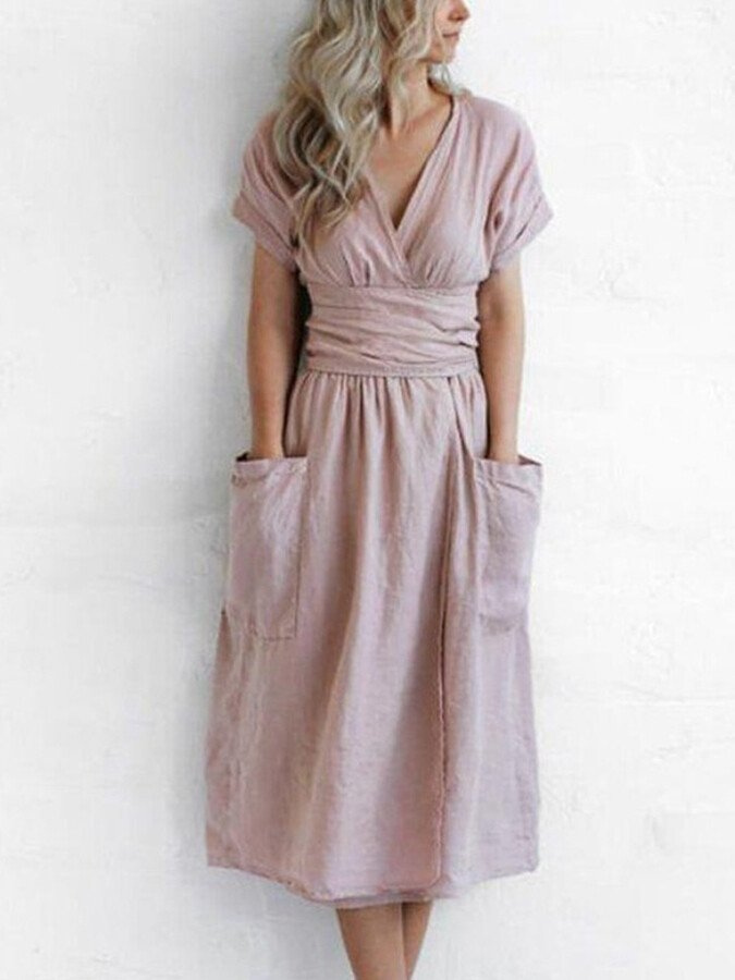 Levoire | Robe midi en lin à nouer avec ceinture pour femmes élégantes Rosa