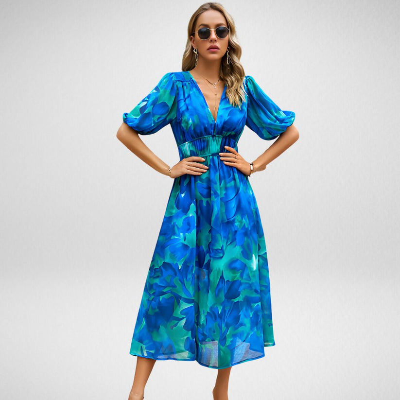 Levoire | Robe Midi Avec Motif Géométrique Et Manches Courtes En Style Lanternes Bleu