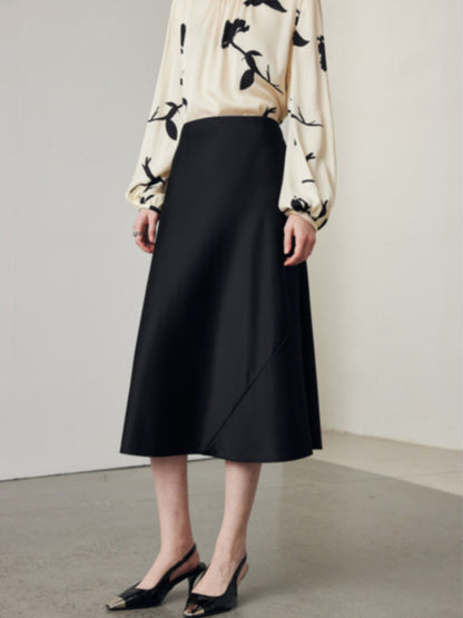 Jupe Mi-Longue Évasée en Mélange de Soie Noir