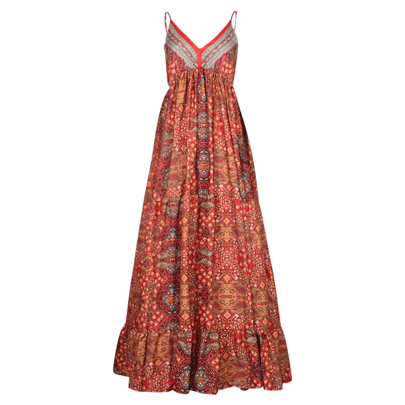 Levoire | Robe longue rouge bohème-chic avec fines bretelles et imprimé