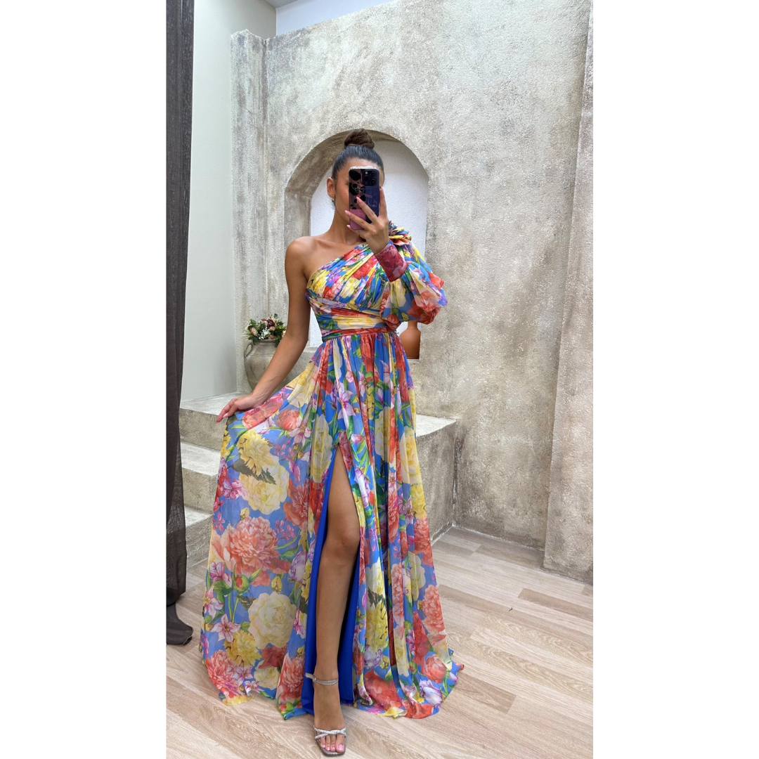 Levoire | Robe D'Invité De Mariage Asymétrique À Imprimé Floral - Maxi Jaune et Pourpre