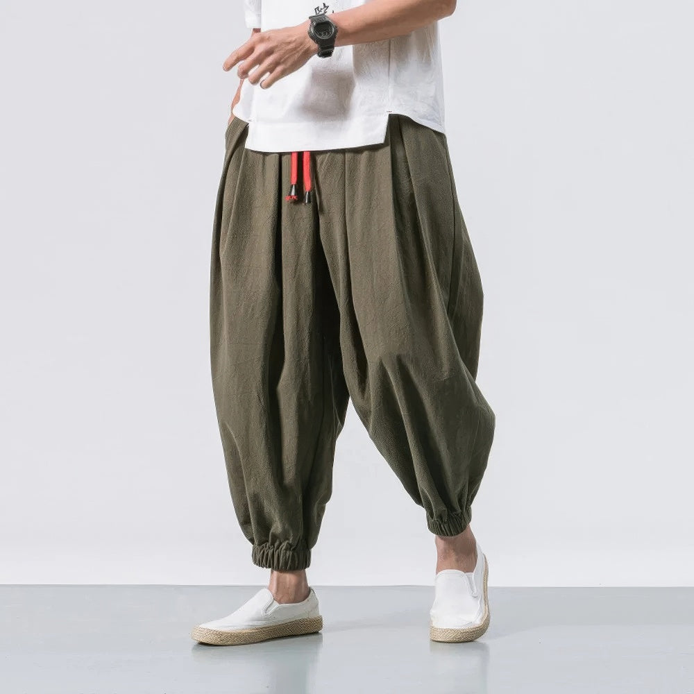 Levoire | Pantalon Harem en Lin pour Homme Pantalon d'Été Confortable pour Hommes vert olive
