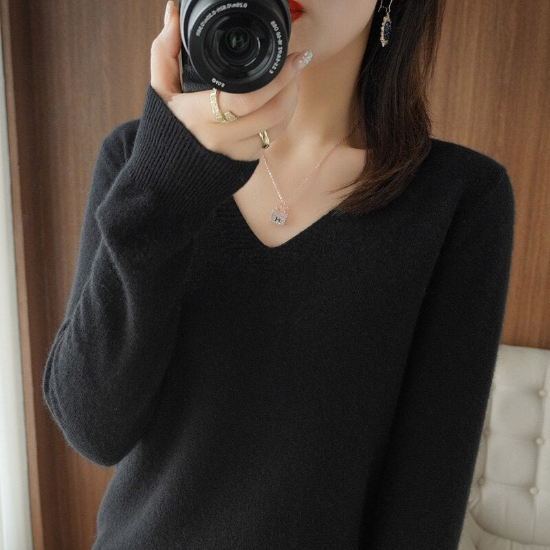 Levoire | Pull Chaud Pour Femmes - Col en V Noir