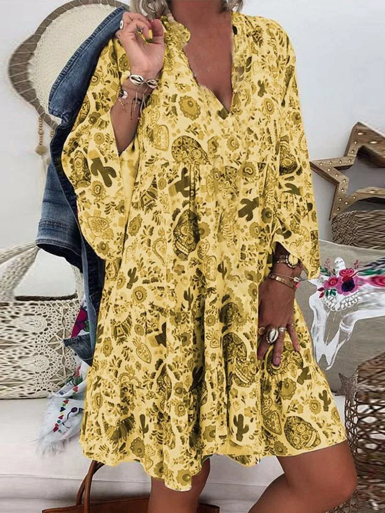Levoire | Robe midi imprimée avec manches 3/4 et décolleté en V de Fashionmigo Jaune