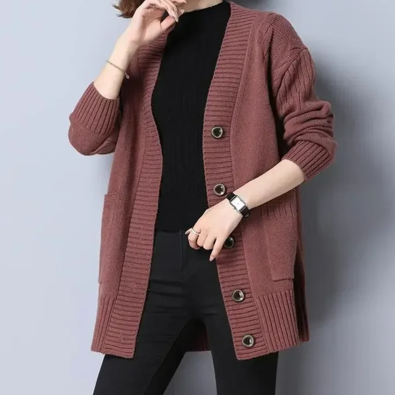 Levoire | Gilet Long Femme Tricoté À Ouverture Devant, Avec Col Et Poches Rouge foncé