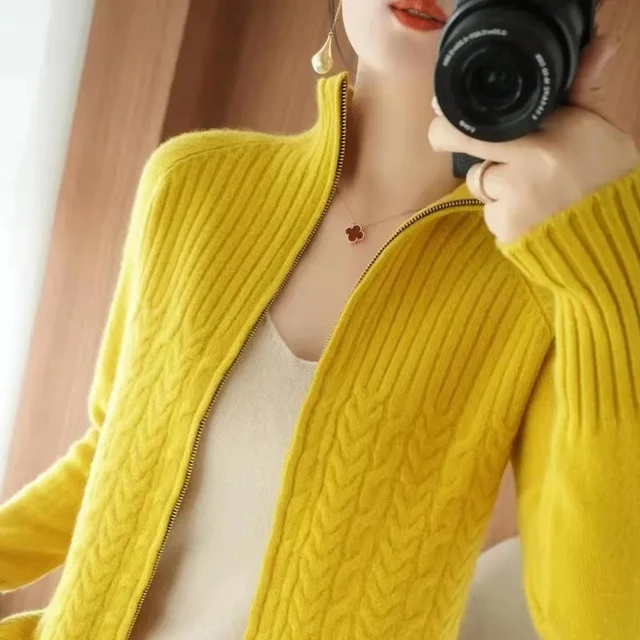 Levoire | Veste femme à fermeture éclair avec capuche câblée Jaune