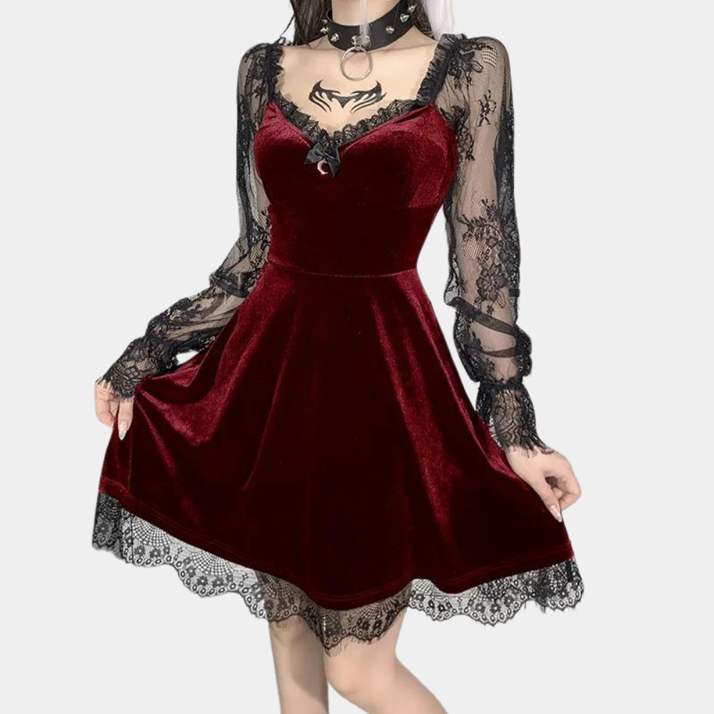 Levoire | Robe Mini Élégante pour Femme avec Dentelle et Manches Longues Rot