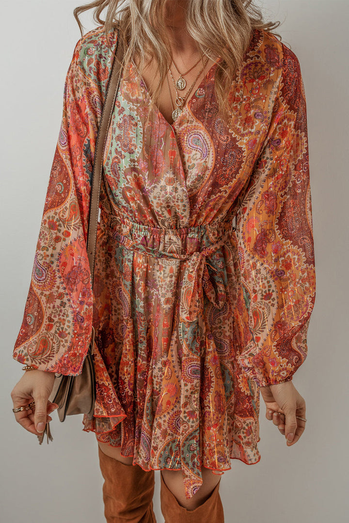 Levoire | Robe Mini Boho Avec Motif Paisley, Manches Longues Et Élégante Ceinture Régulière