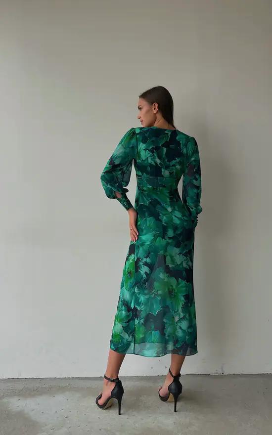 Levoire | Robe Longue Avec Fente, Détails Floraux Et Manches Volumineuses Longues