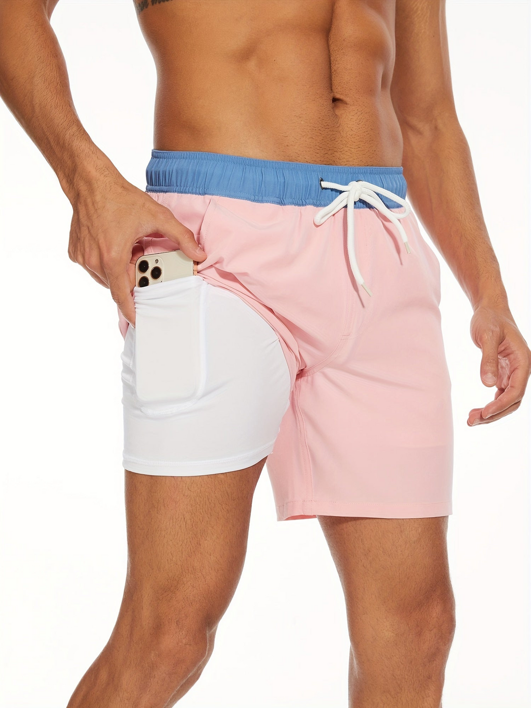 Levoire | Short de bain pour hommes à séchage rapide design à double couche Couleur rose