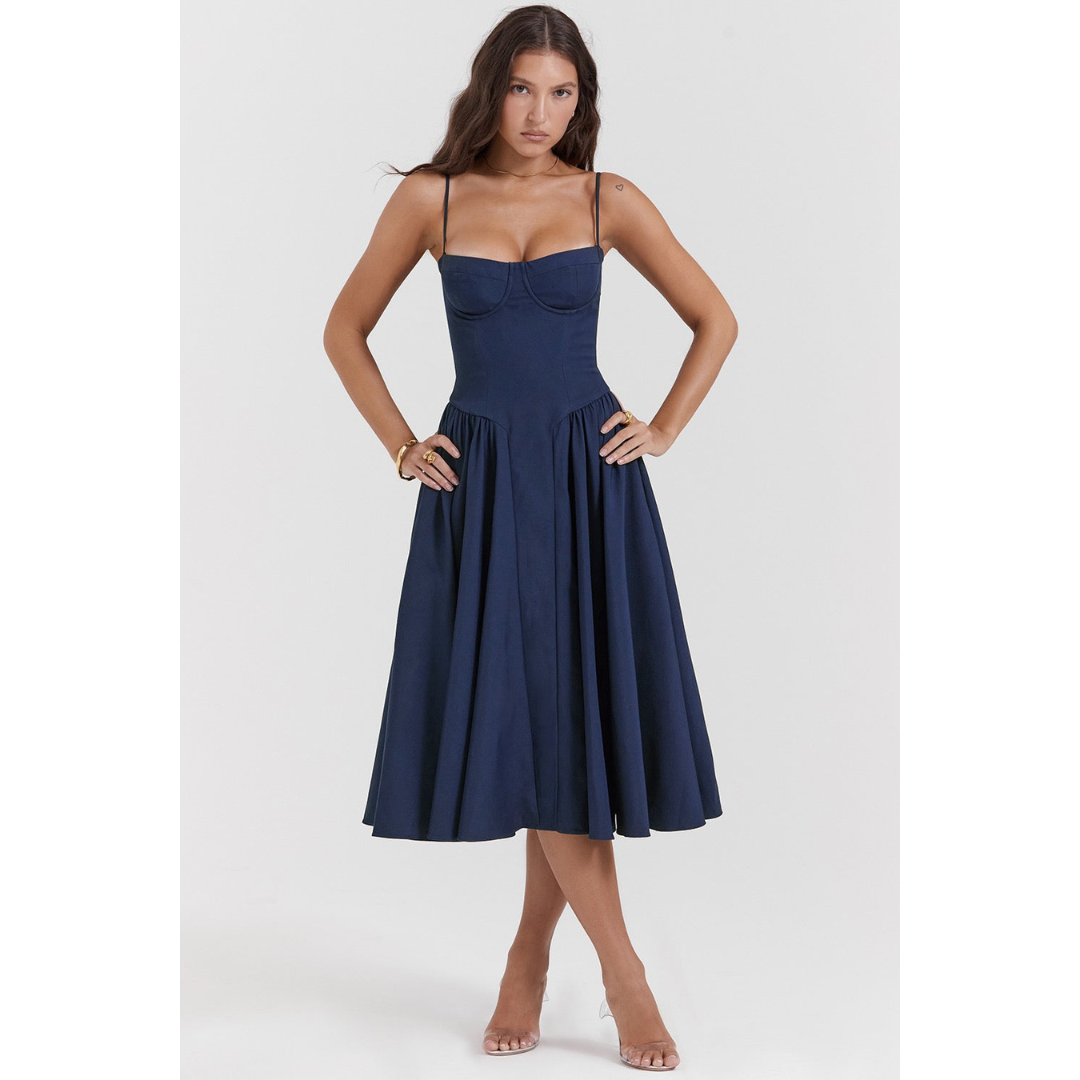 Levoire | Robe D'Invite De Mariage D'Été Plissée À Bretelles Spaghetti - Maxi Bleu Marine