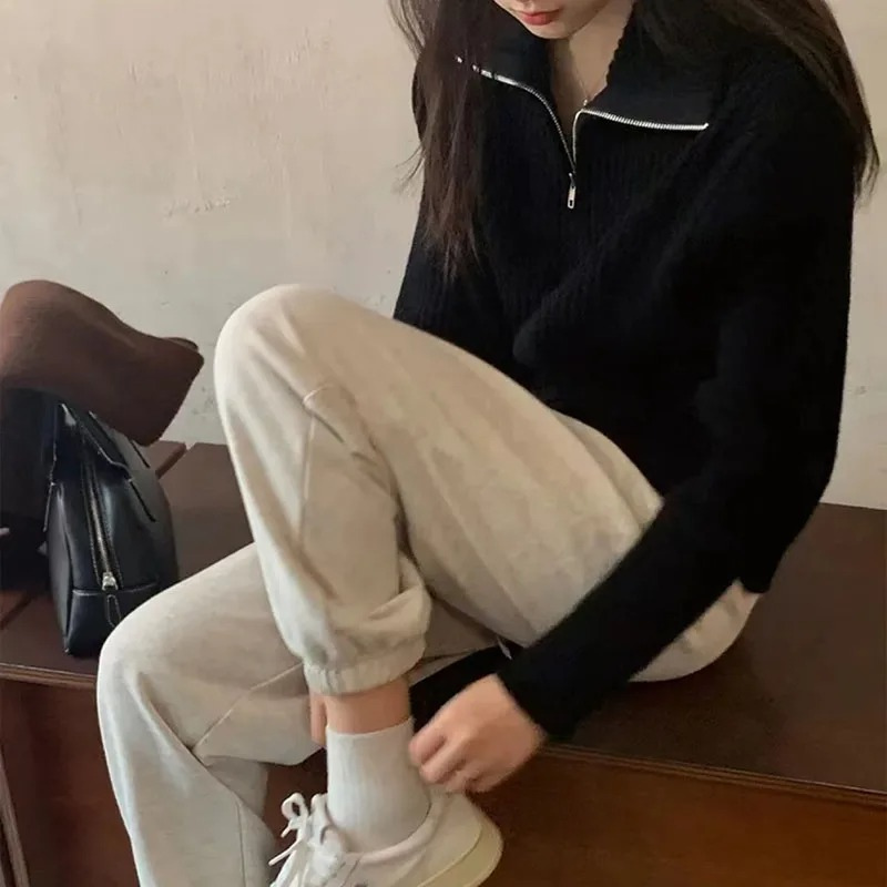 Levoire | Pull en tricot à fermeture éclair pour femmes, Coupe confortable Noir