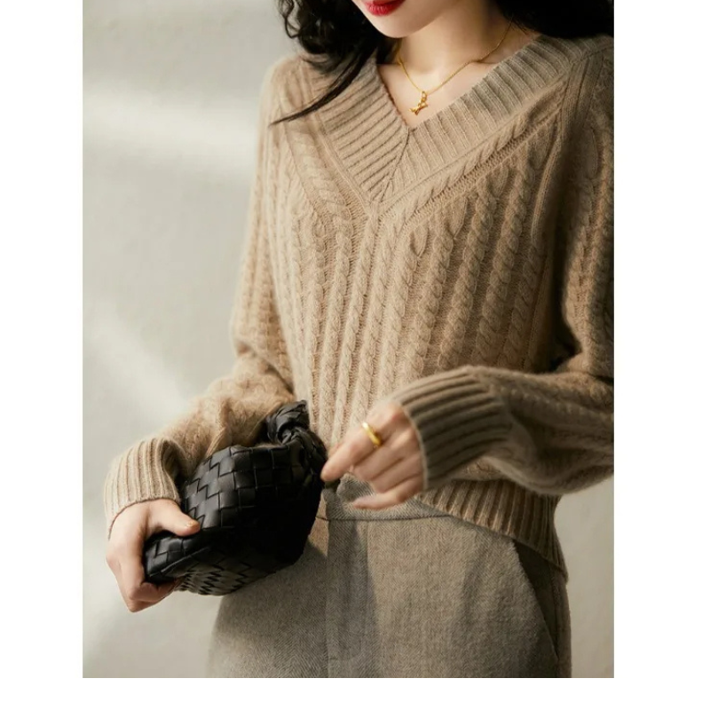 Levoire | T-shirt en tricot à capuche pour femmes à col en V Chemise ajustable, Chemise élégante Kaki