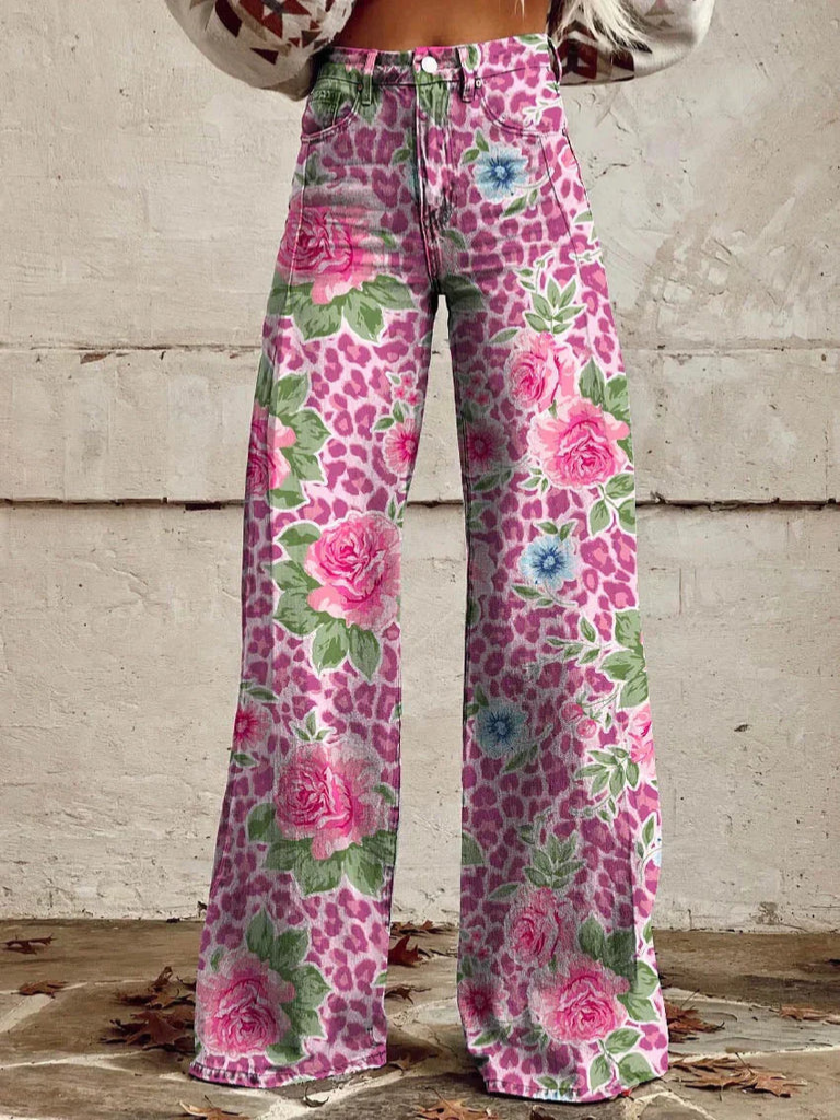 Levoire | Pantalon Flare Look Rétro Femme Rosa fleurs