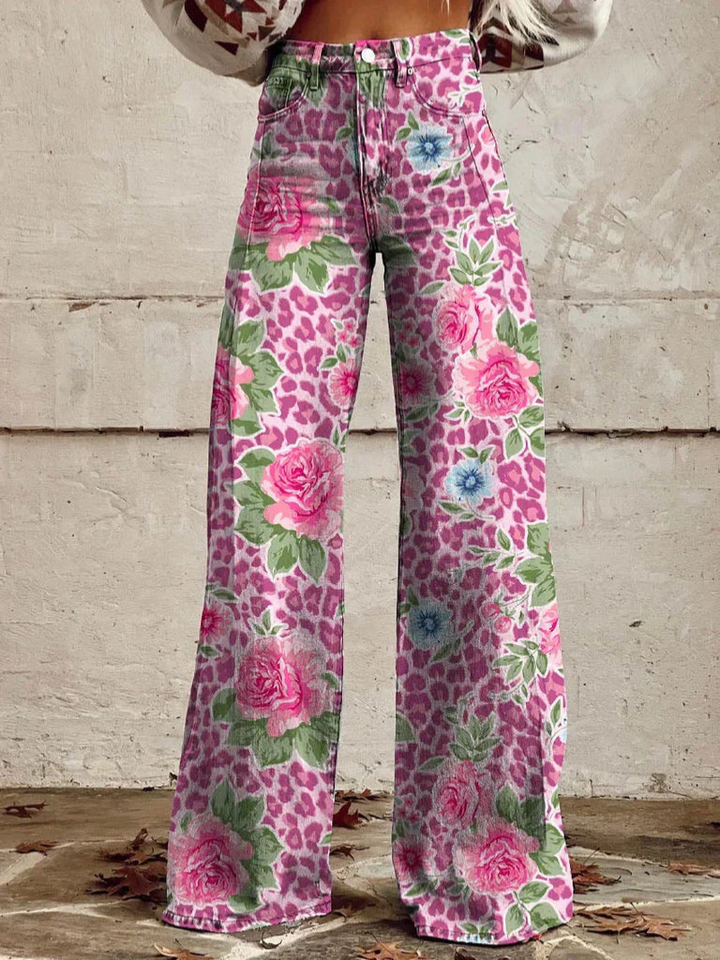 Levoire | Pantalon Flare Look Rétro Femme Rosa fleurs