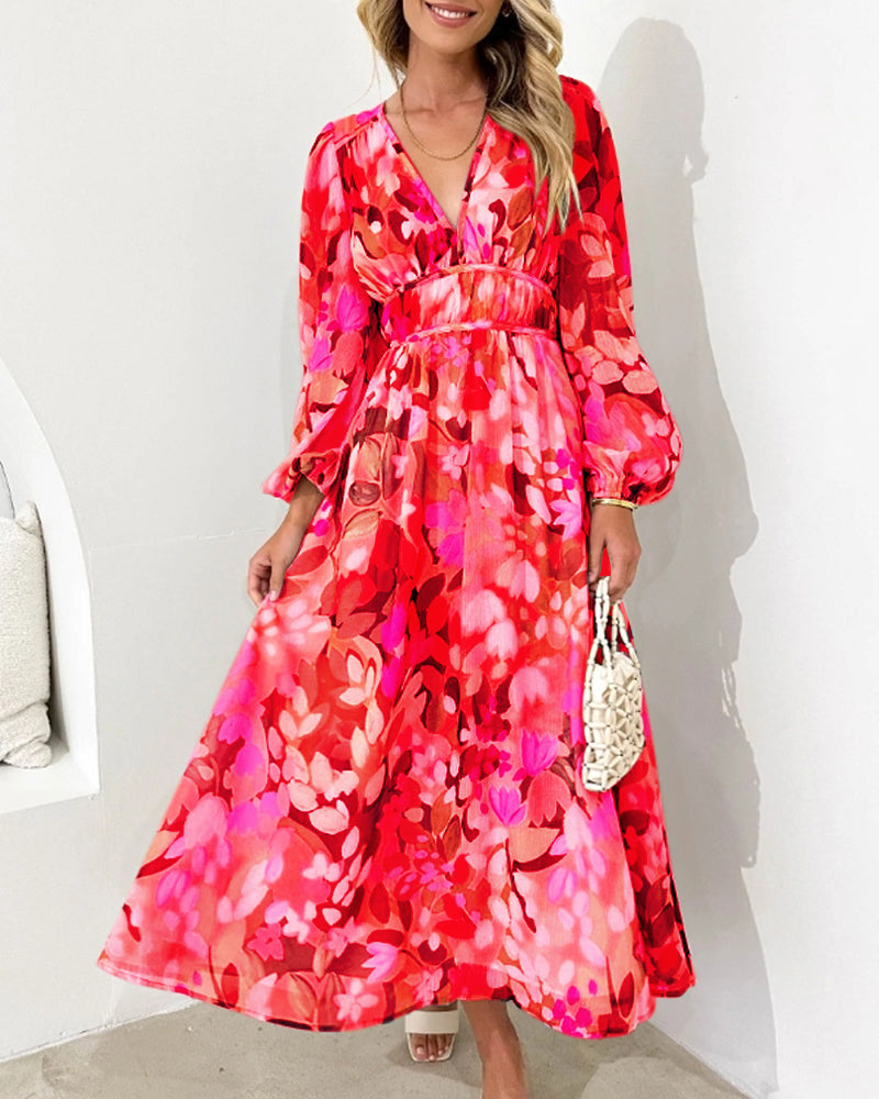 Levoire | Robe Longue Avec Motif Floral, Manches Longues Et Décolleté En V Profond Rot