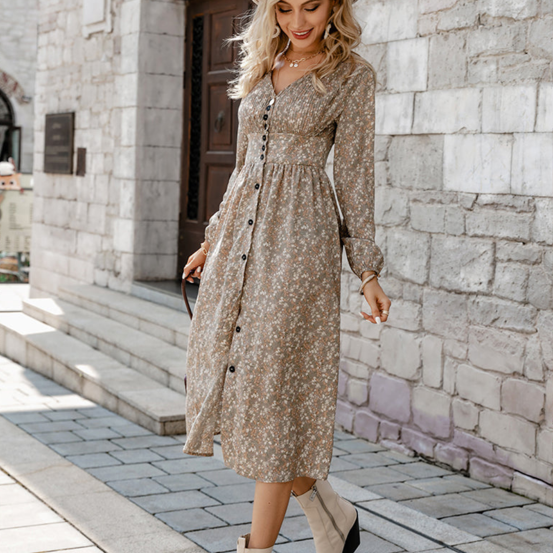Levoire | Robe Longue Avec Manches Bouffantes Longues Et Motif Floral Braun